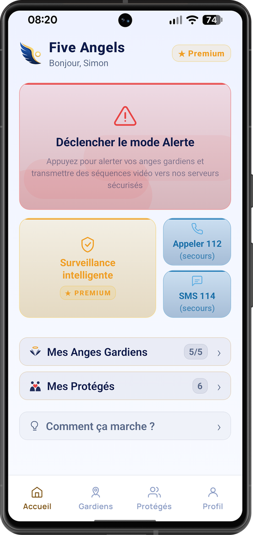 Five Angels — Écran d'accueil, déclenchement d'alerte en un geste